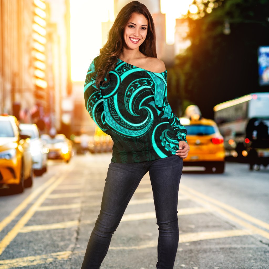 New Zealand Maori Mangopare Women Off Shoulder Sweater Polynesian - Turquoise - Vibe Hoodie Shop