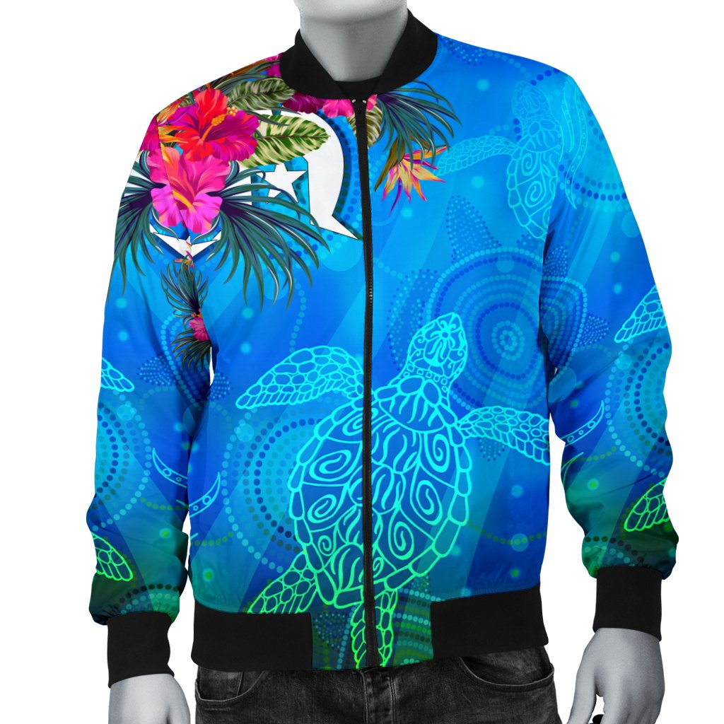 Men Bomber Jacket - Torres Strait Blue Sea With Hibiscus - Vibe Hoodie Shop