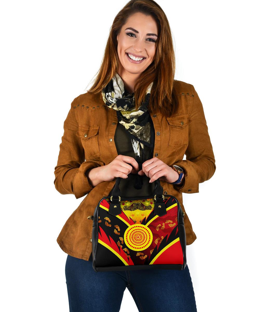 Aboriginal Shoulder Handbag - Indigenous Flag With Footprint Hand Art - Vibe Hoodie Shop
