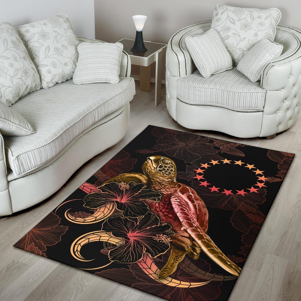 Cook Islands Polynesian Area Rugs - Turtle With Blooming Hibiscus Gold - Vibe Hoodie Shop