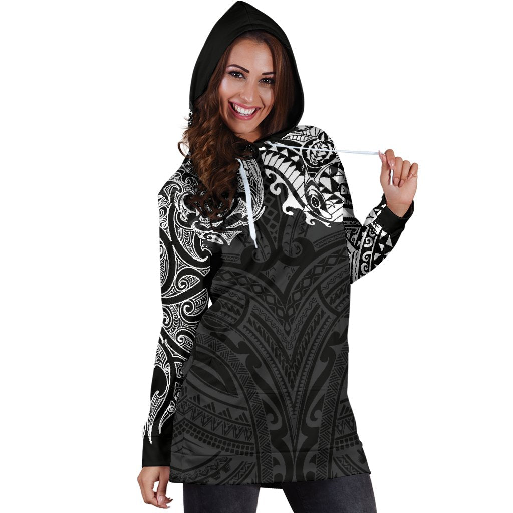 New Zealand Women's Hoodie Dress, Maori Polynesian Tattoo White - Vibe Hoodie Shop