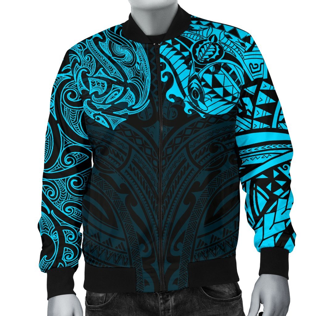 New Zealand Men's Bomber Jacket, Maori Polynesian Tattoo Blue - Vibe Hoodie Shop