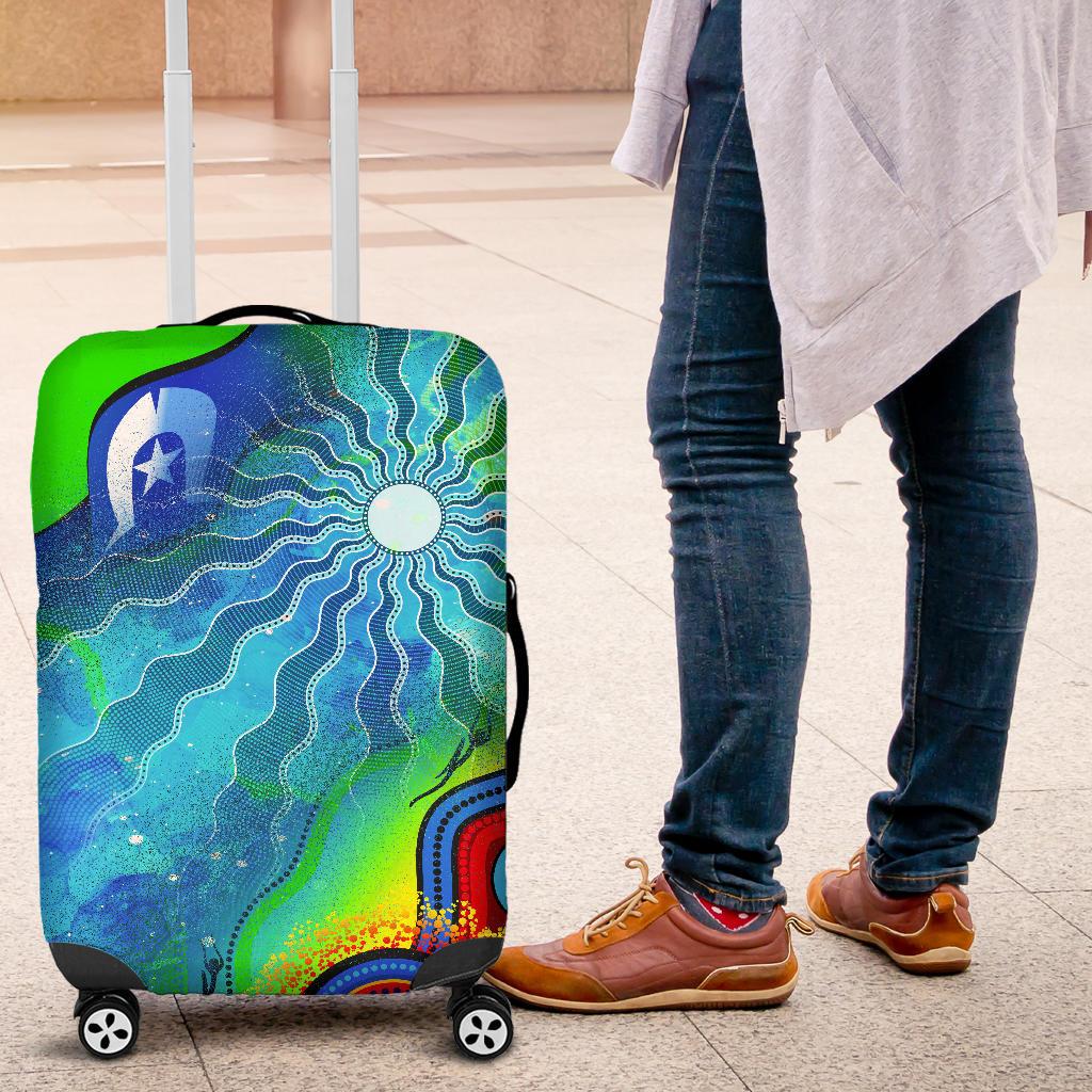 Luggage Cover - Torres Strait Islanders Flag with Aboriginal Patterns Suit Case Cover - Vibe Hoodie Shop