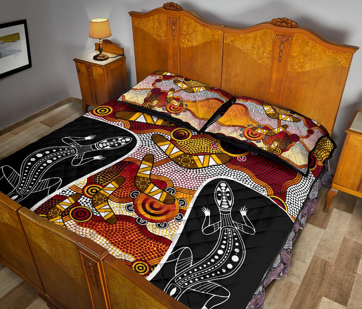 Aboriginal Quilt Cover Set, Dot Painting Lizard Boomerang Patterns - Vibe Hoodie Shop