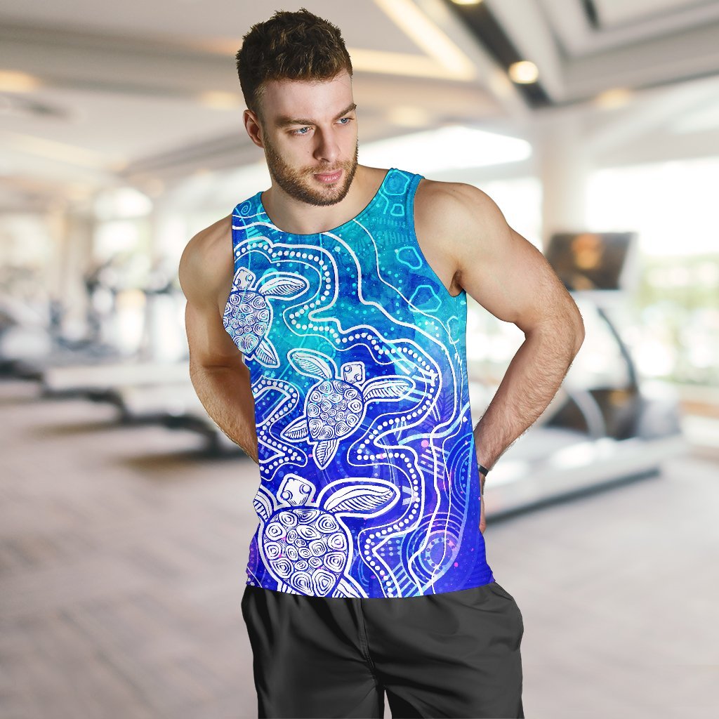 Aboriginal Men's Tank Top - Sea Turtle With Indigenous Patterns (Blue) - Vibe Hoodie Shop