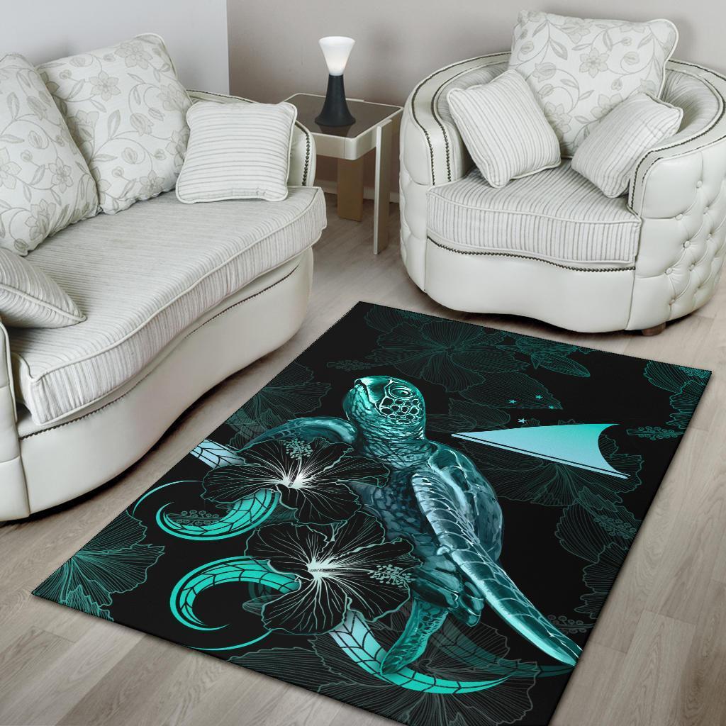 Tokelau Polynesian Area Rugs - Turtle With Blooming Hibiscus Turquoise - Vibe Hoodie Shop