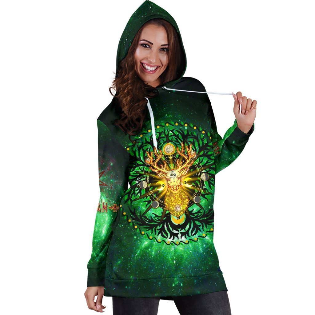 Celtic Pagan Deer Women's Hoodie Dress - Moon Phases Deer with Tree of Life - Vibe Hoodie Shop