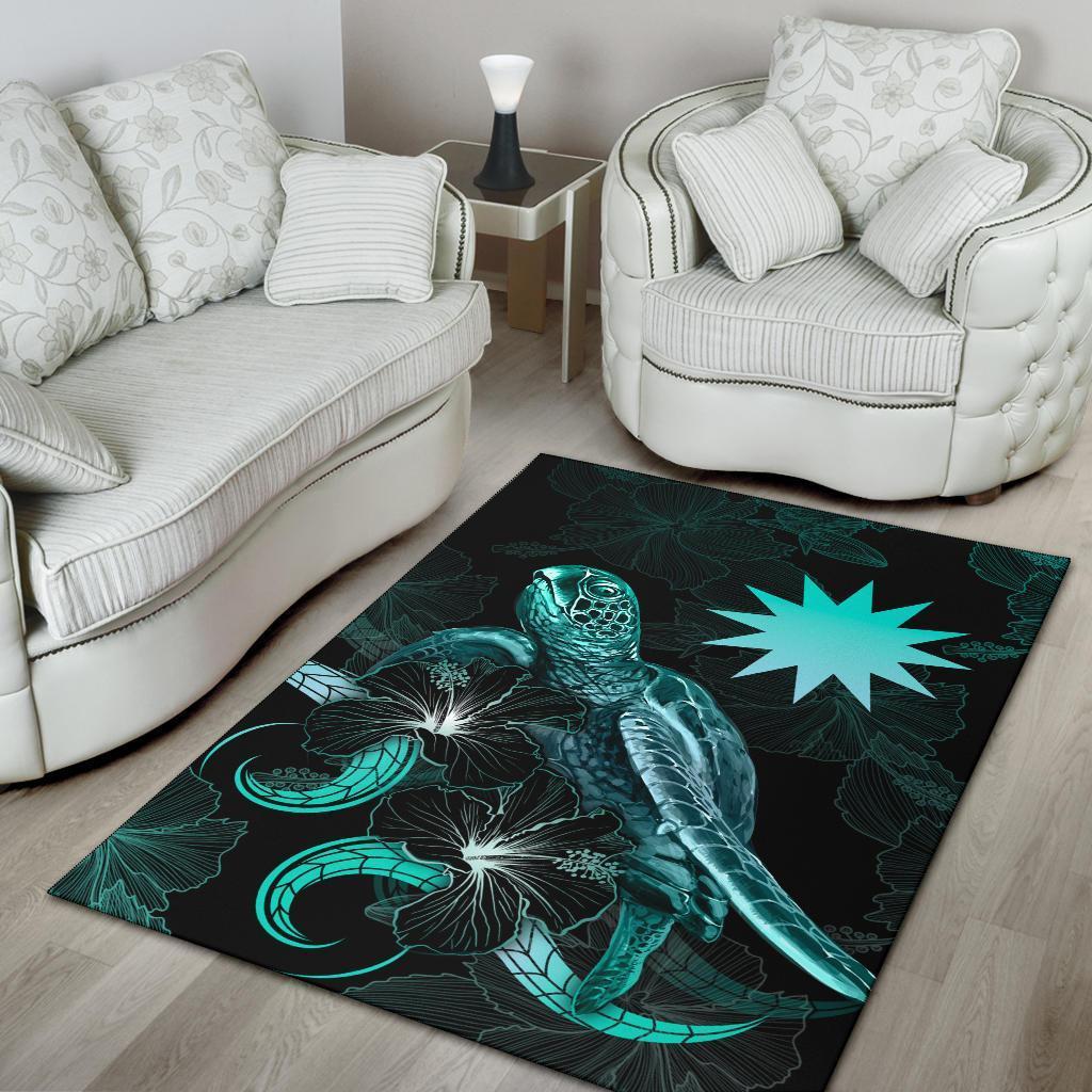 Nauru Polynesian Area Rugs - Turtle With Blooming Hibiscus Turquoise - Vibe Hoodie Shop