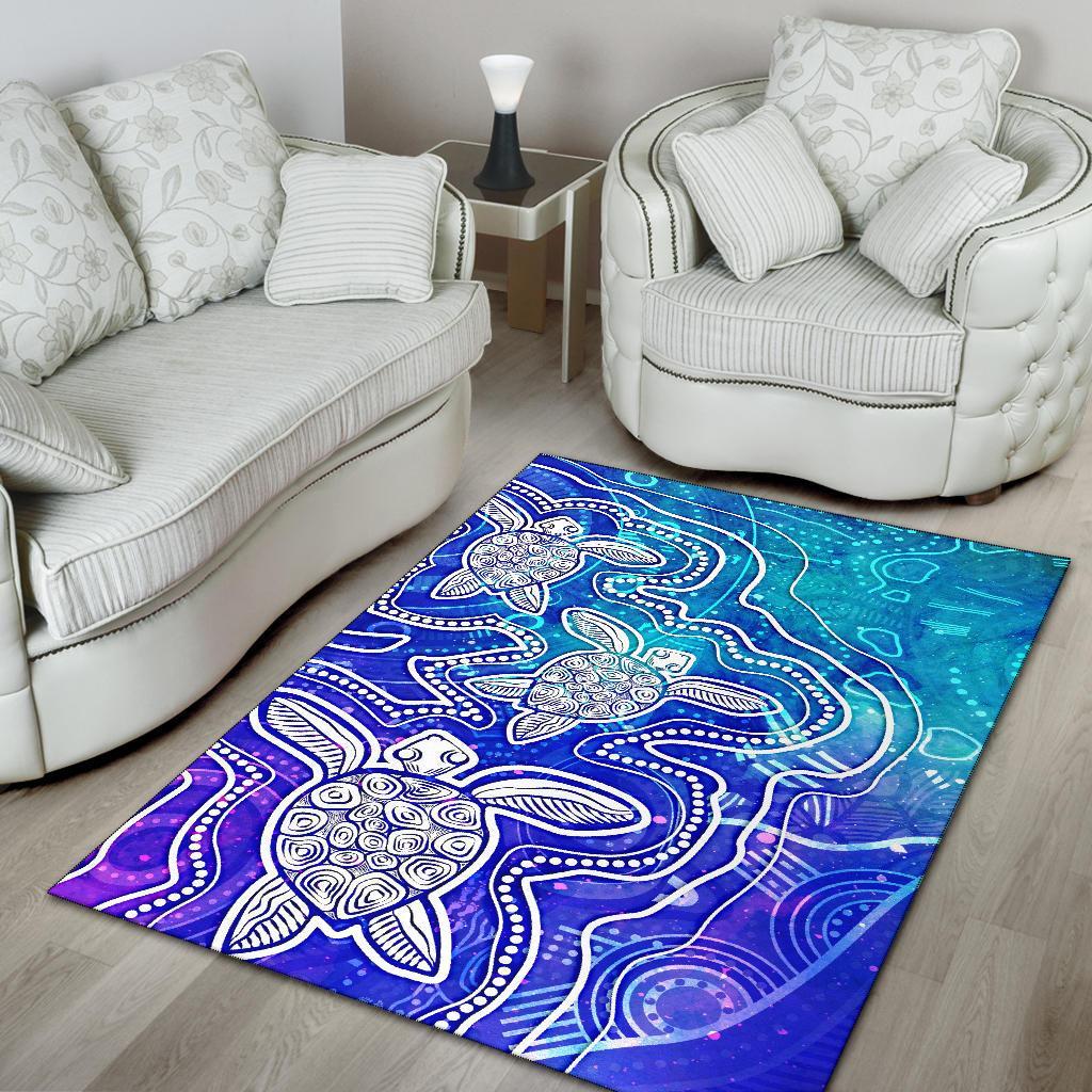 Aboriginal Area Rug - Sea Turtle With Indigenous Patterns (Blue) - Vibe Hoodie Shop