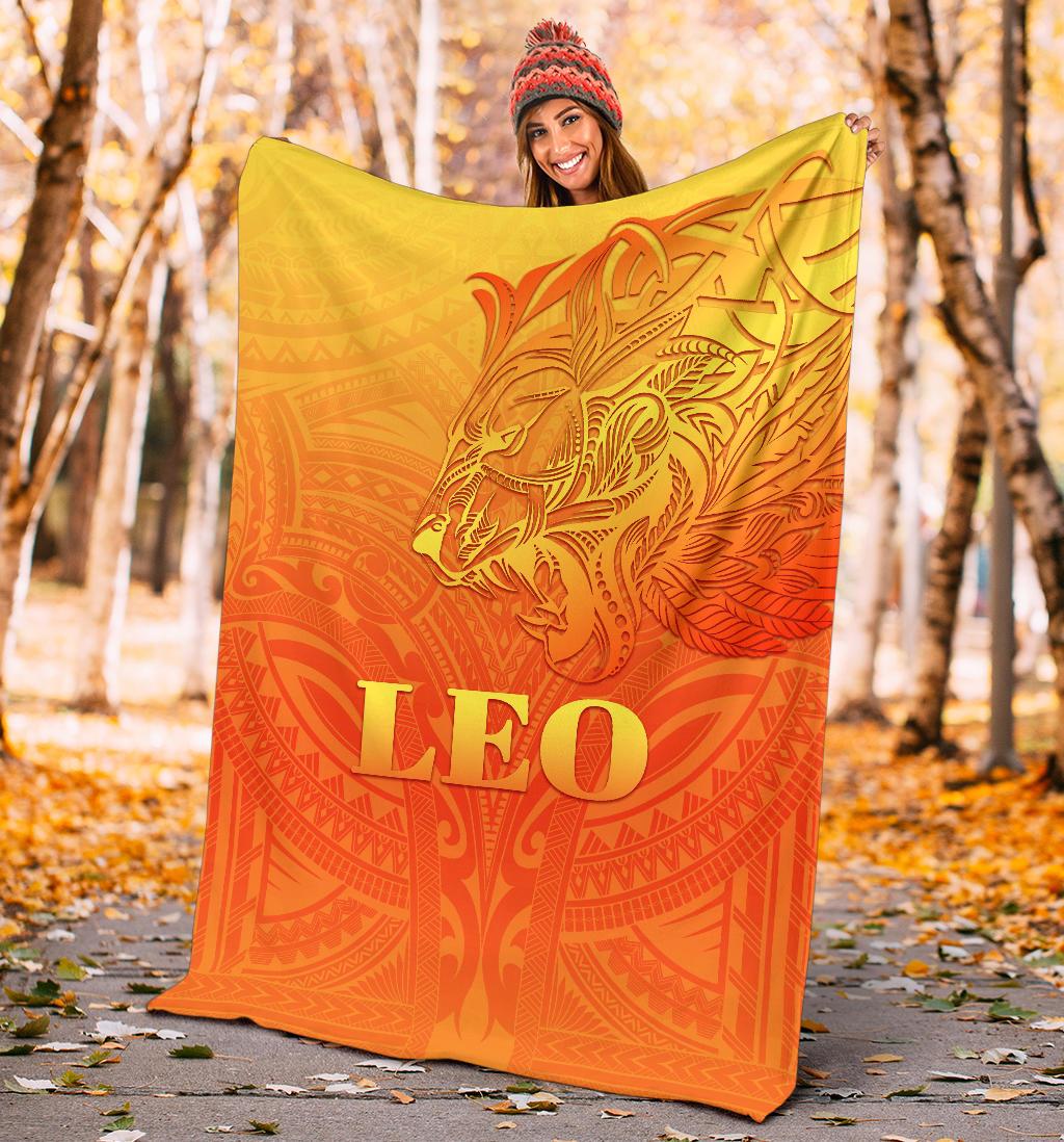 Sun In Leo Zodiac Premium Blanket Polynesian Tattoo Simple - Orange - Vibe Hoodie Shop