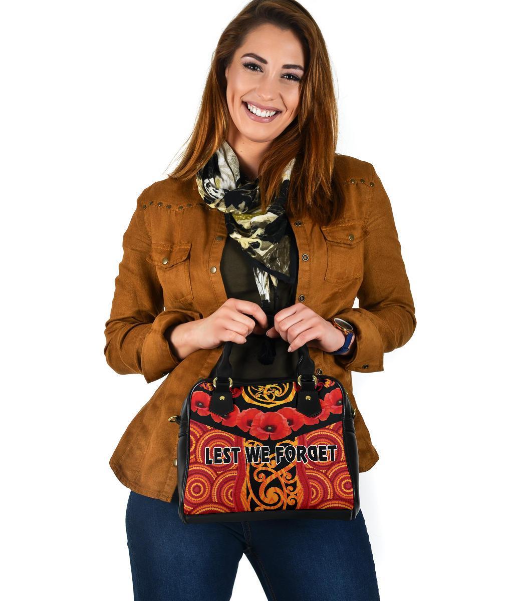 ANZAC Lest We Forget Poppy Shoulder Handbag New Zealand Maori Silver Fern - Australia Aboriginal - Vibe Hoodie Shop