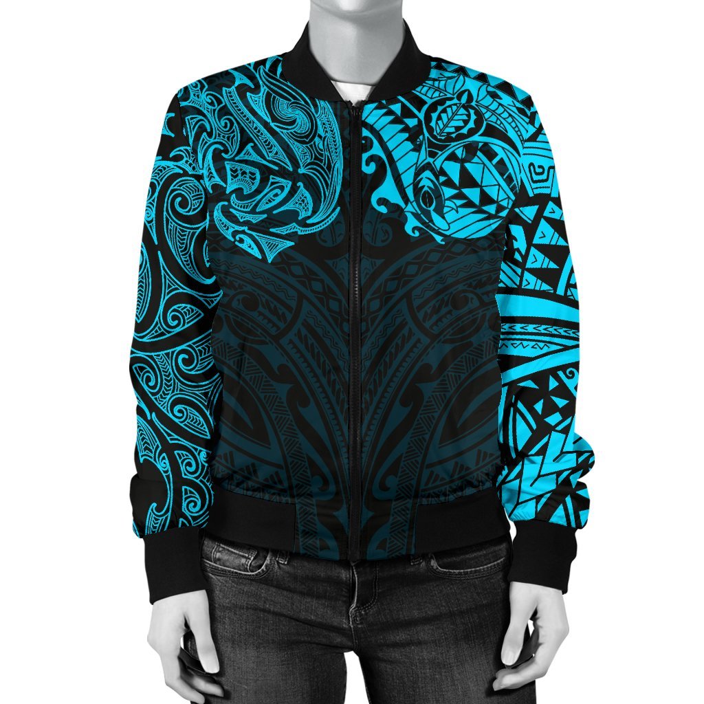 New Zealand Women's Bomber Jacket, Maori Polynesian Tattoo Blue - Vibe Hoodie Shop