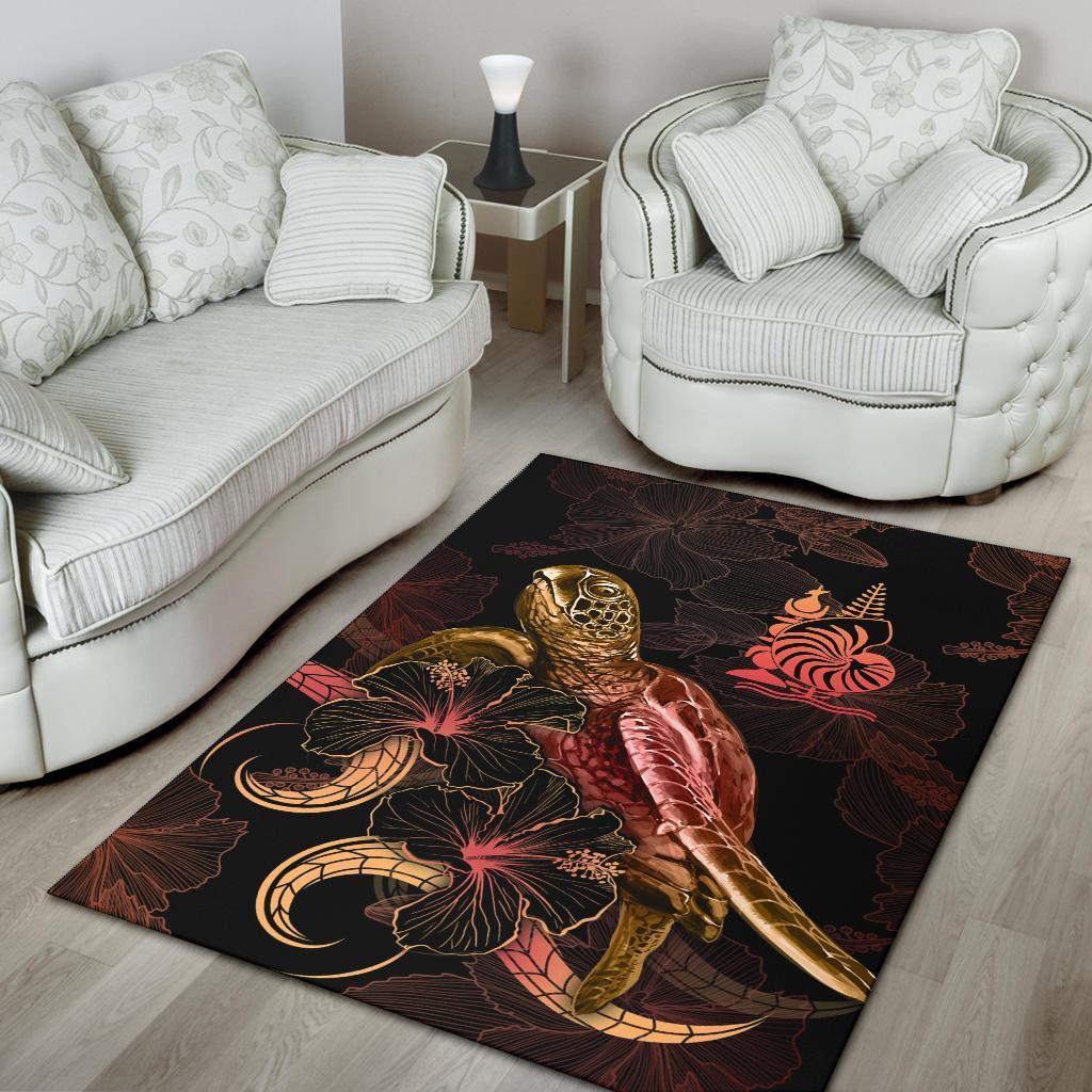 New Caledonia Polynesian Area Rugs - Turtle With Blooming Hibiscus Gold - Vibe Hoodie Shop