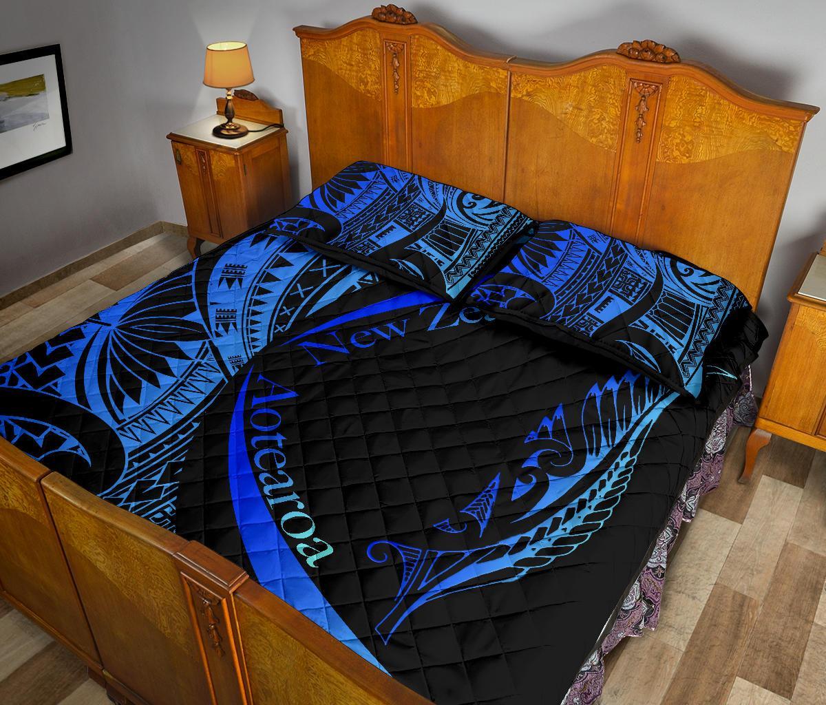 New Zealand Silver Fern Quilt Bed Set Maori Tattoo Circle Style - Blue - Vibe Hoodie Shop