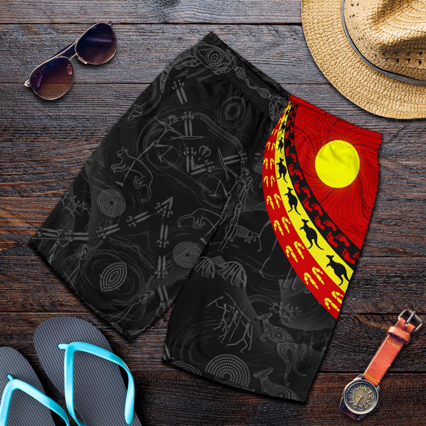 Aboriginal Men's Shorts, Indigenous Flag Circle Dot Painting - Vibe Hoodie Shop