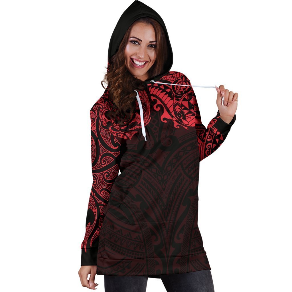 New Zealand Women's Hoodie Dress, Maori Polynesian Tattoo Red - Vibe Hoodie Shop