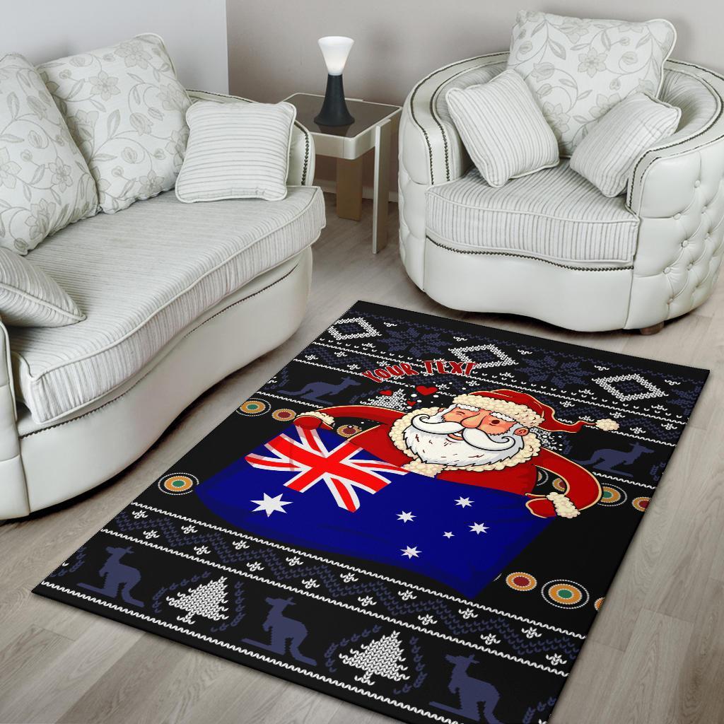 Christmas Personalised Area Rug - Australia Santa Claus Hold The Flag (Black) - Vibe Hoodie Shop