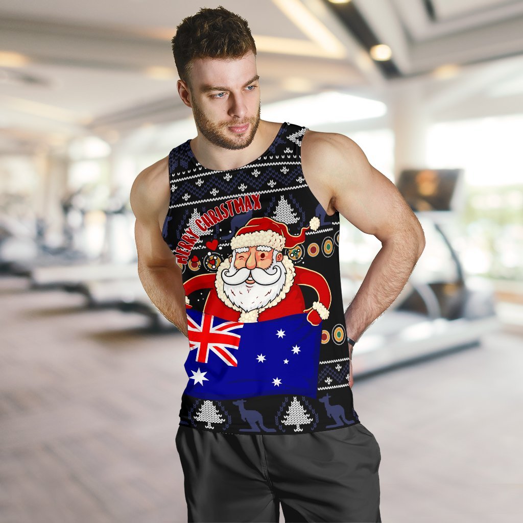 Christmas Men's Tank Top - Australia Santa Claus Hold The Flag (Black) - Vibe Hoodie Shop