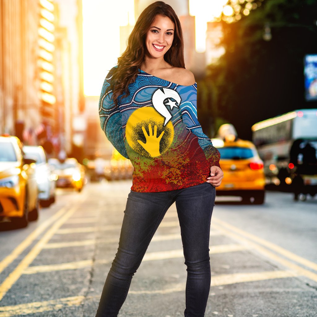 Aboriginal Women's Off Shoulder Sweater - Aboriginal and Torres Strait Islanders Flag - Vibe Hoodie Shop