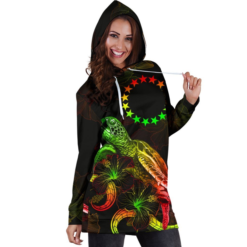 Cook Islands Polynesian Hoodie Dress - Turtle With Blooming Hibiscus Reggae - Vibe Hoodie Shop