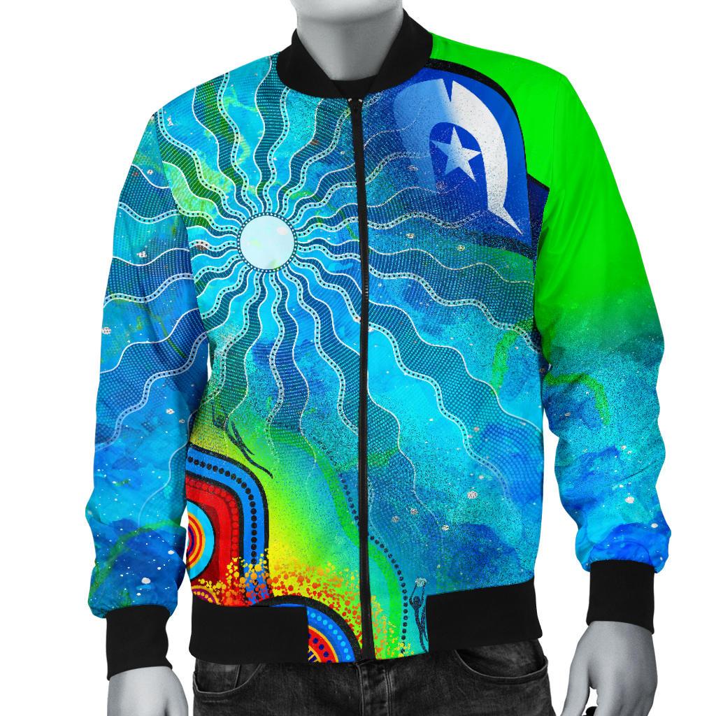 Men's Bomber Jacket - Torres Strait Islanders Flag with Aboriginal Patterns Jacket - Vibe Hoodie Shop