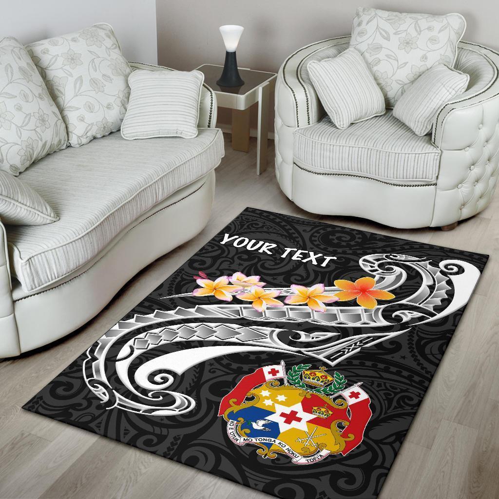 Tonga Custom Personalised Area Rug - Tonga Seal Polynesian Patterns Plumeria (Black) - Vibe Hoodie Shop