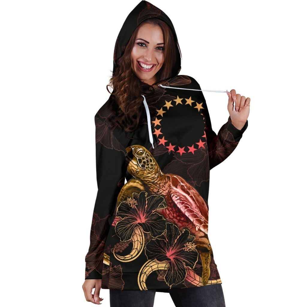 Cook Islands Polynesian Hoodie Dress - Turtle With Blooming Hibiscus Gold - Vibe Hoodie Shop