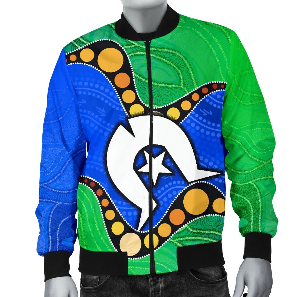 Torres Strait Islands Men's Bomber Jacket - Flag with Aboriginal Patterns - Vibe Hoodie Shop