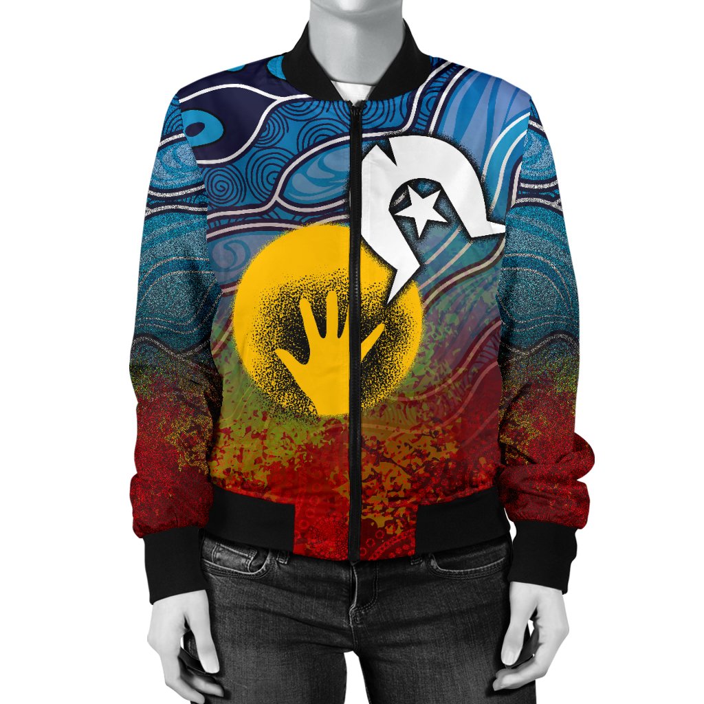 Aboriginal Women's Bomber Jacket - Aboriginal and Torres Strait Islanders Flag - Vibe Hoodie Shop