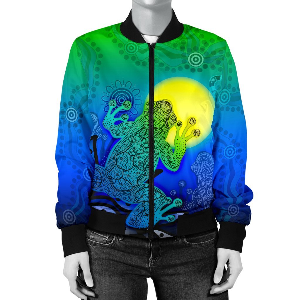 Aboriginal Women's Bomber Jacket - Indigenous Frog (Blue) - Vibe Hoodie Shop