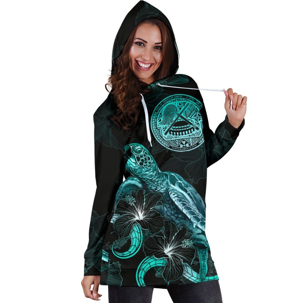 American Samoa Polynesian Hoodie Dress - Turtle With Blooming Hibiscus Turquoise - Vibe Hoodie Shop