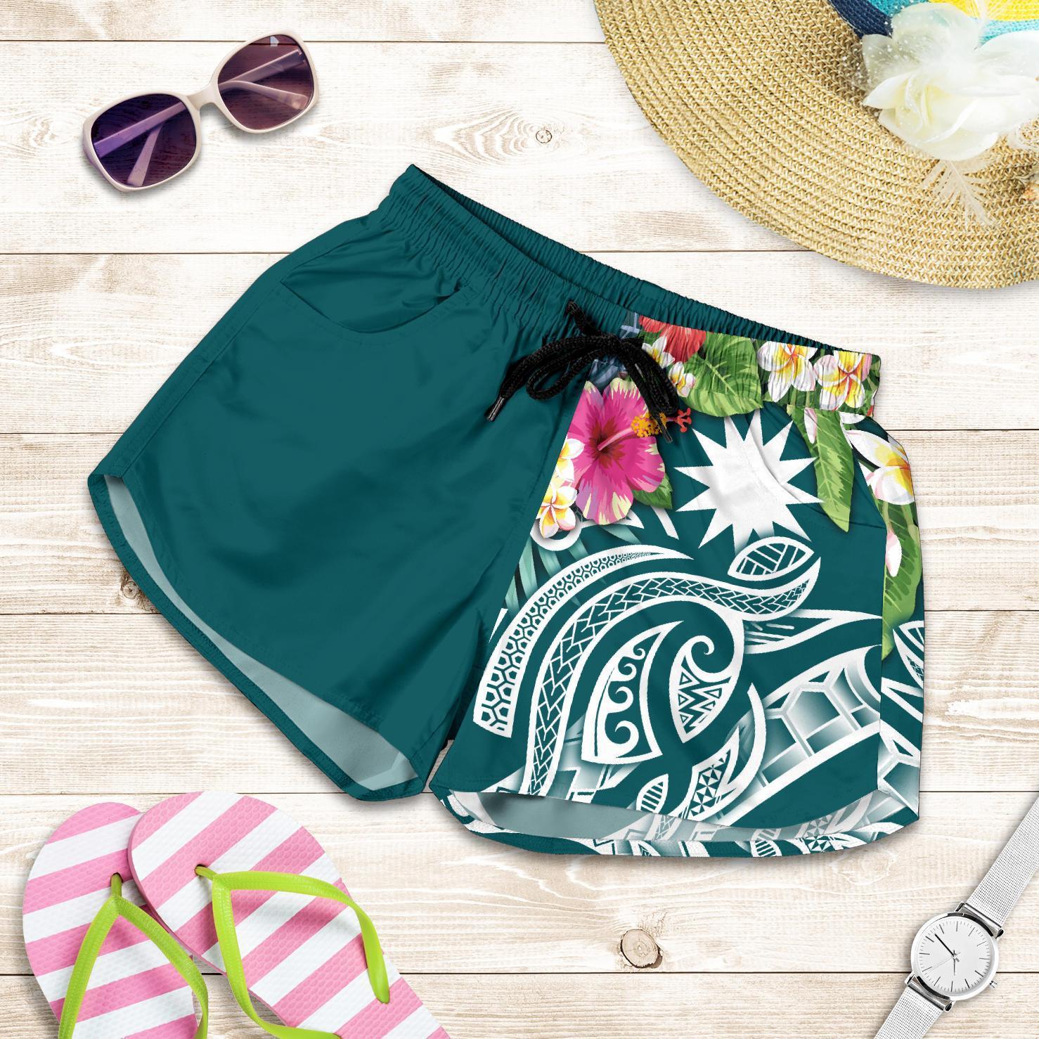 nauru-polynesian-womens-shorts-summer-plumeria-turquoise