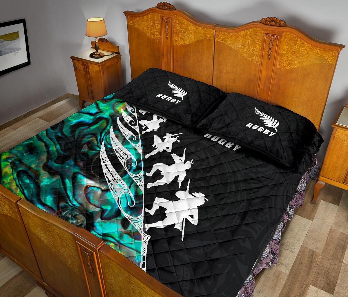 New Zealand Quilt Bed Set, Rugby Haka Fern Paua Shell Quilt And Pillow Cover - Vibe Hoodie Shop