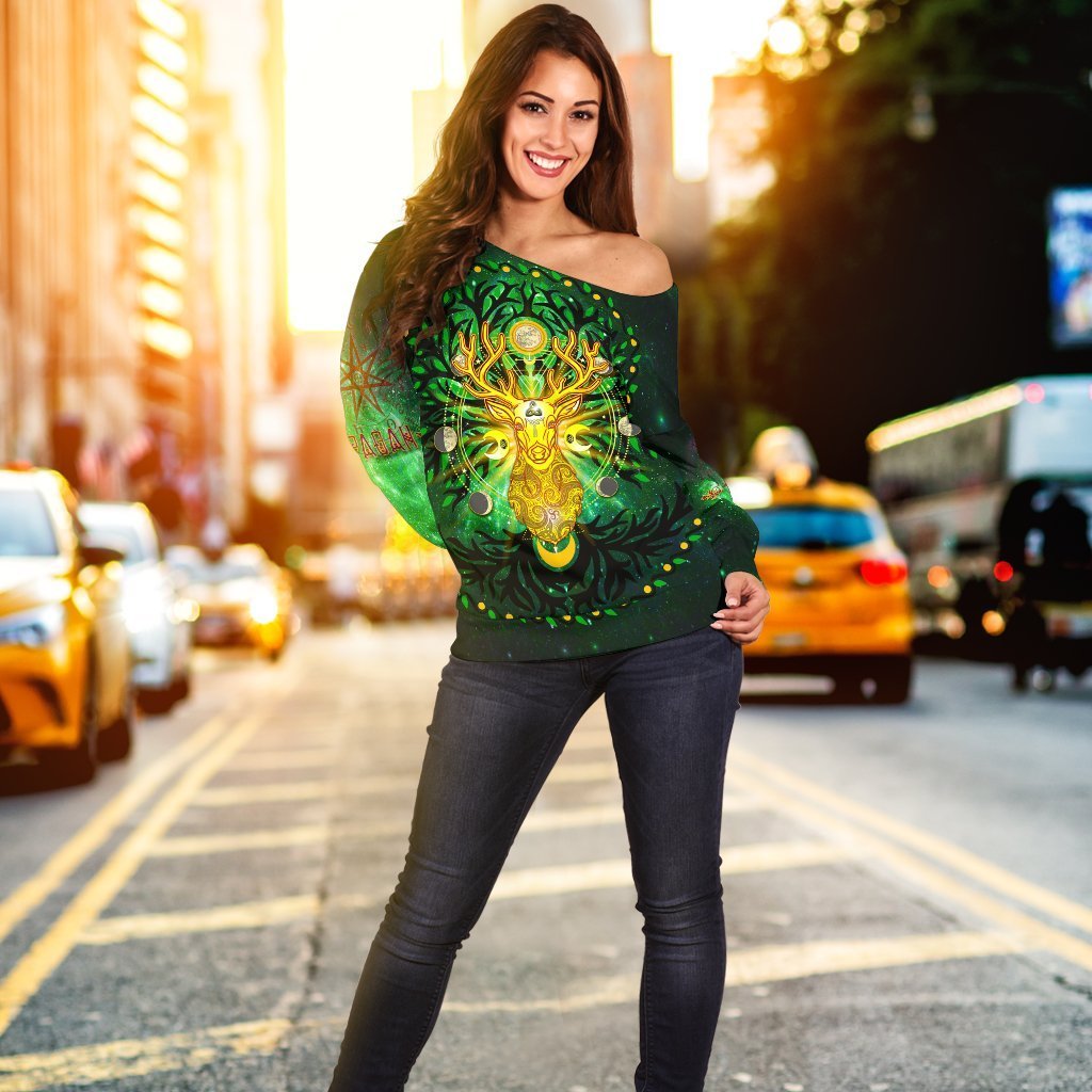 Celtic Pagan Deer Women's Off Shoulder Sweater - Moon Phases Deer with Tree of Life - Vibe Hoodie Shop