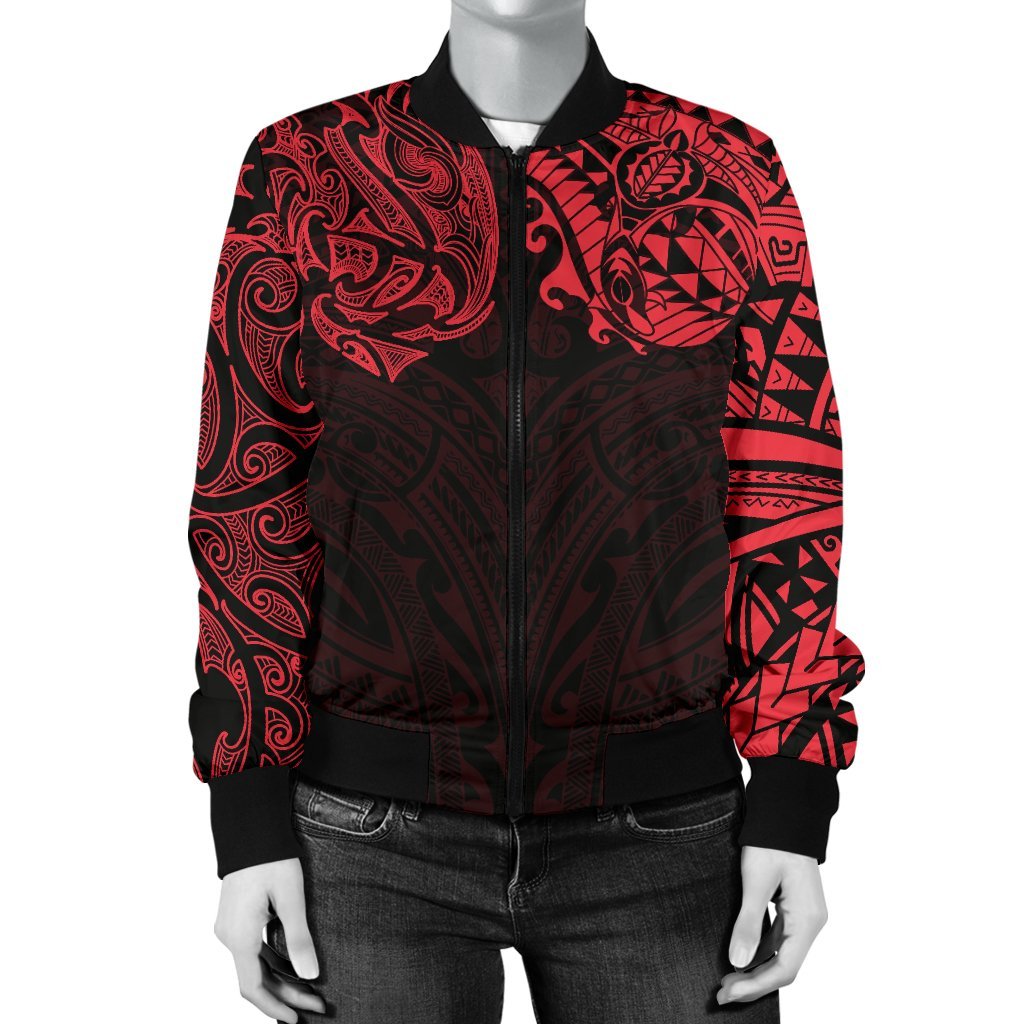 New Zealand Women's Bomber Jacket, Maori Polynesian Tattoo Red - Vibe Hoodie Shop