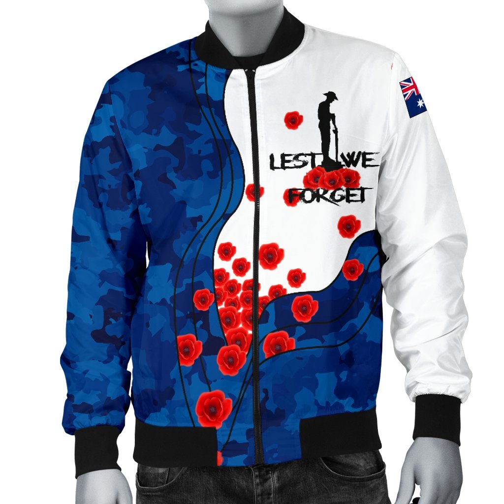 ANZAC Lest We Forget Men's Bomber Jacket - Australian Flag Blue - - Vibe Hoodie Shop