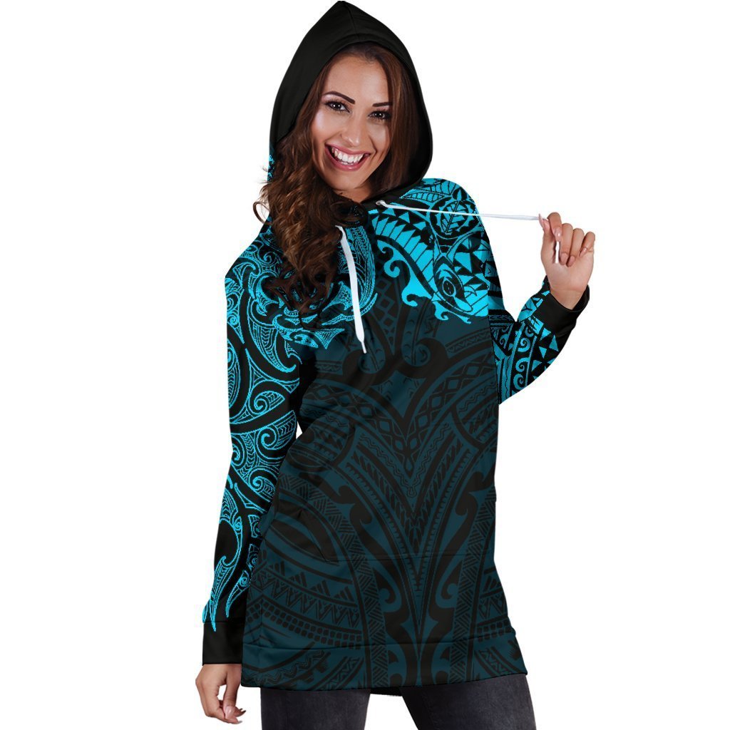 New Zealand Women's Hoodie Dress, Maori Polynesian Tattoo Blue - Vibe Hoodie Shop