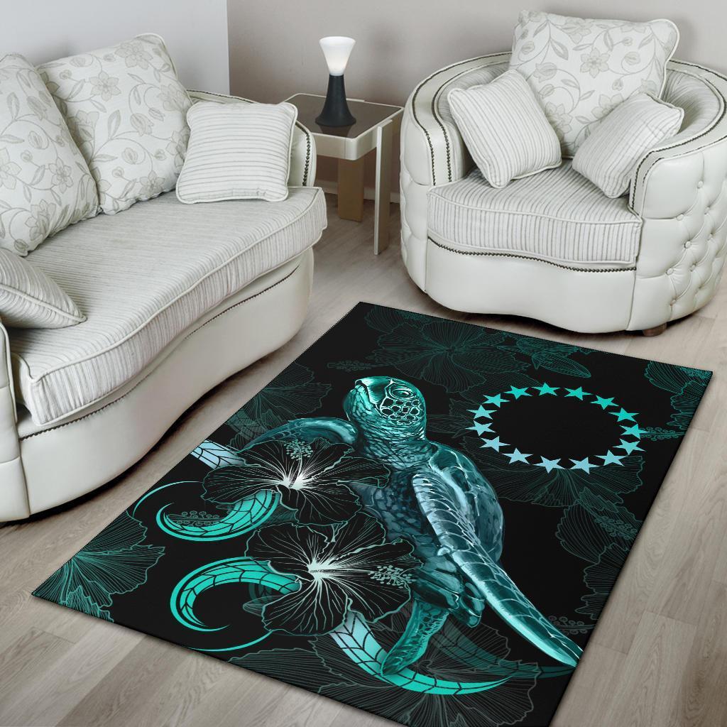 Cook Islands Polynesian Area Rugs - Turtle With Blooming Hibiscus Turquoise - Vibe Hoodie Shop