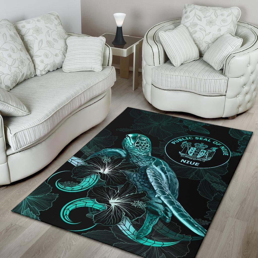 Niue Polynesian Area Rugs - Turtle With Blooming Hibiscus Turquoise - Vibe Hoodie Shop