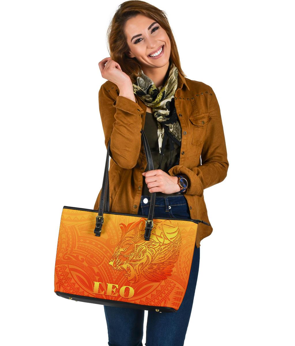sun-in-leo-zodiac-large-leather-tote-polynesian-tattoo-simple-orange