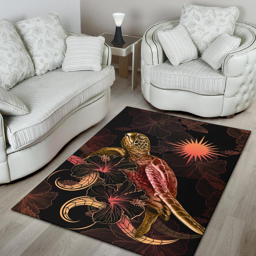 Marshall Islands Polynesian Area Rugs - Turtle With Blooming Hibiscus Gold - Vibe Hoodie Shop