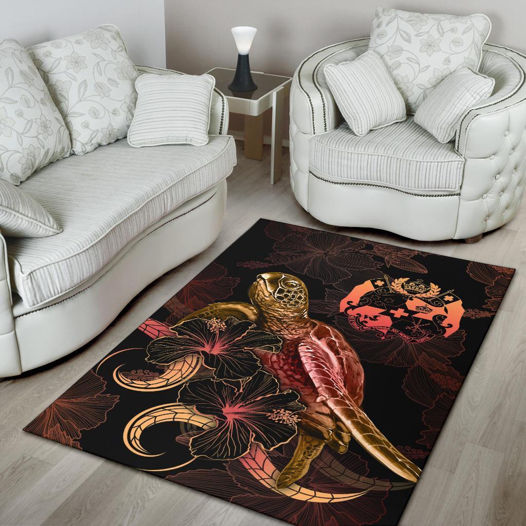 Tonga Polynesian Area Rugs - Turtle With Blooming Hibiscus Gold - Vibe Hoodie Shop