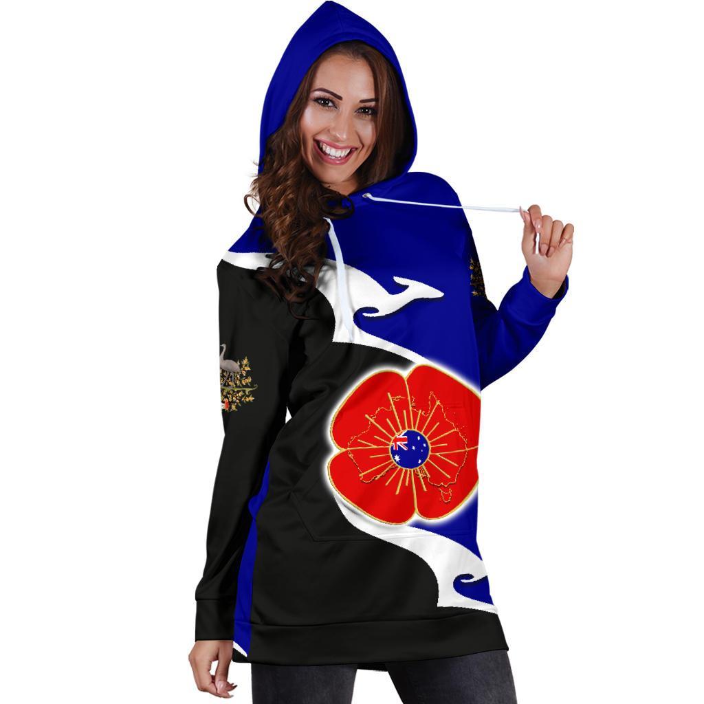 ANZAC Hoodie Dress - Lest We Forget Poppy Map Kangaroo Blue - Vibe Hoodie Shop