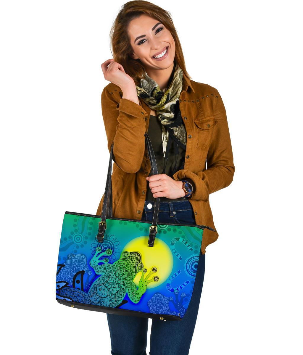aboriginal-leather-tote-bag-indigenous-frog-blue