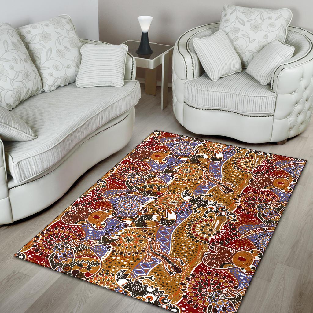 Area Rug - Aboriginal Patterns Rug Australian Animals - Vibe Hoodie Shop