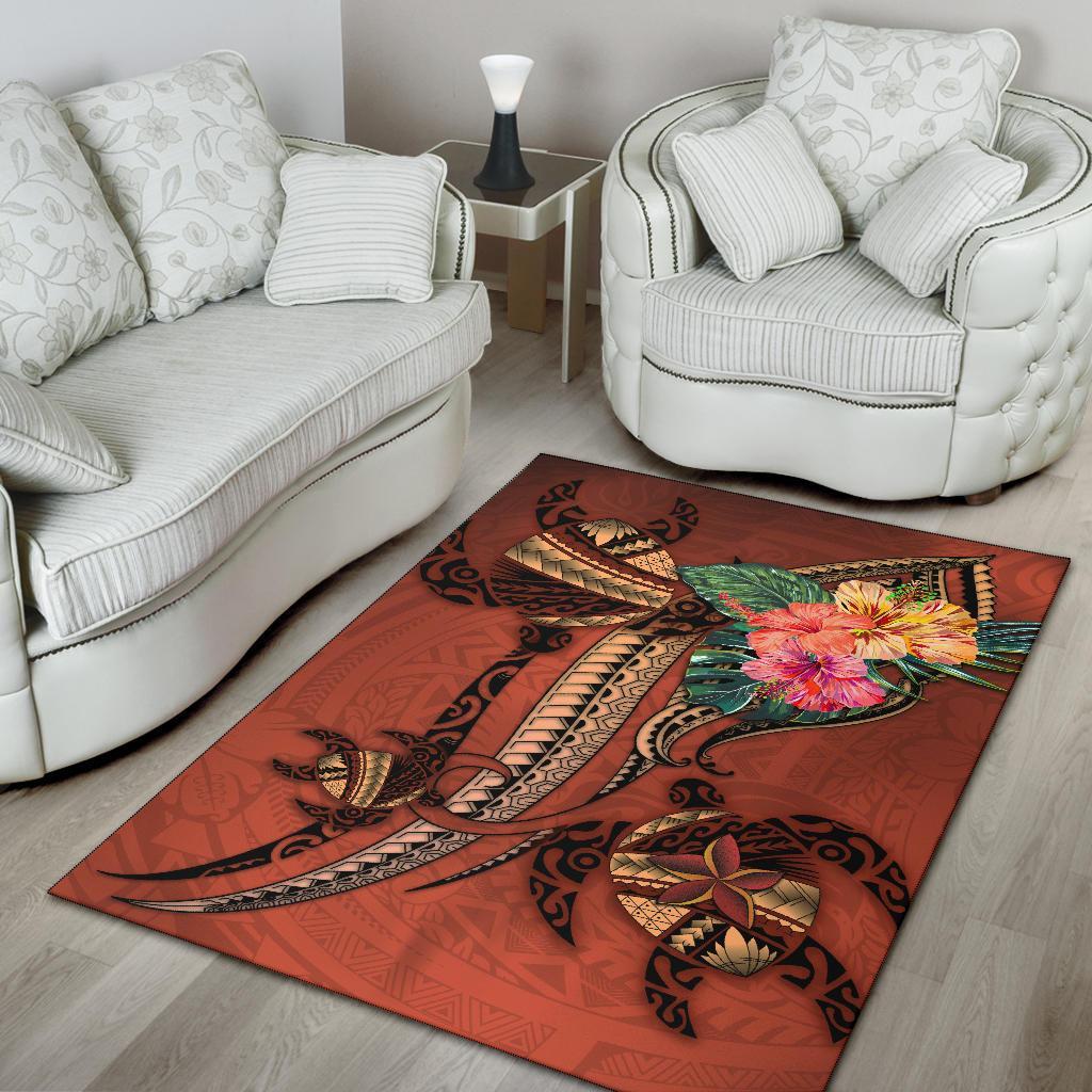 Polynesian Turtle Area Rug - Tribal Tattoo with Hibiscus Coral - Vibe Hoodie Shop