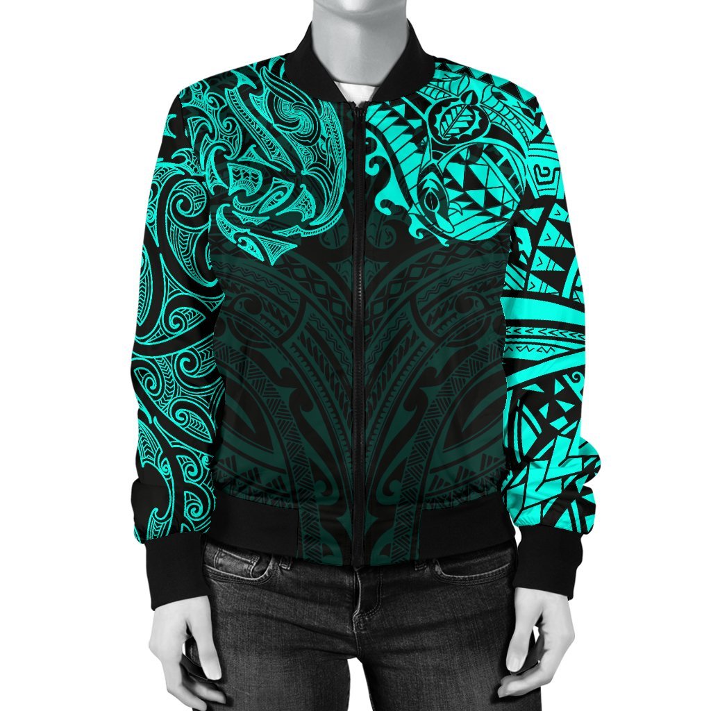 New Zealand Women's Bomber Jacket, Maori Polynesian Tattoo Turquoise - Vibe Hoodie Shop