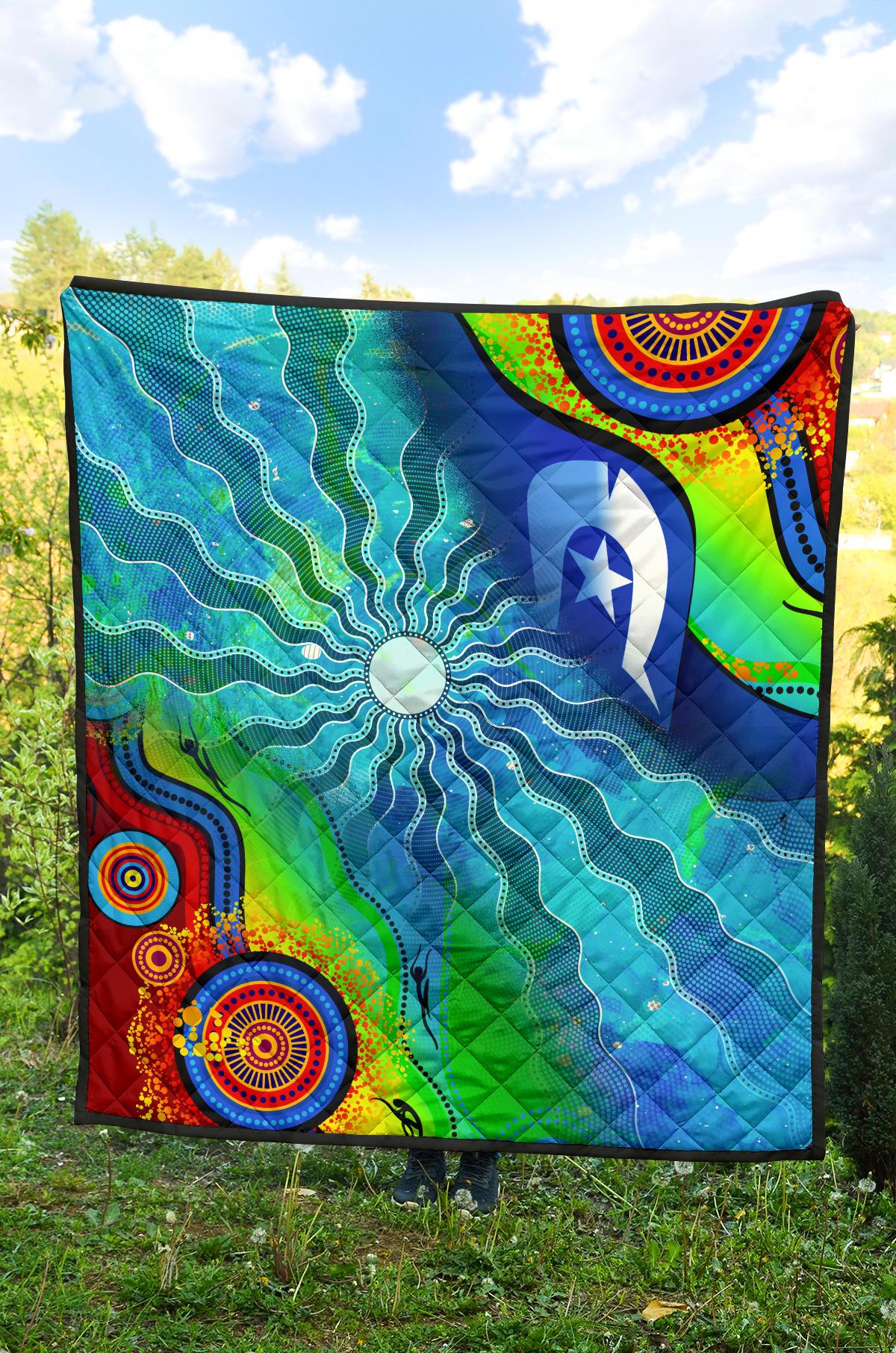 Premium Quilt Torres Strait Islanders Flag with Aboriginal Patterns Quilt - Vibe Hoodie Shop