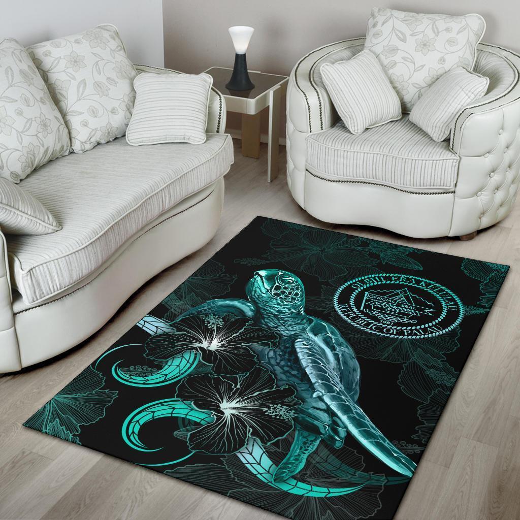 Palau Polynesian Area Rugs - Turtle With Blooming Hibiscus Turquoise - Vibe Hoodie Shop