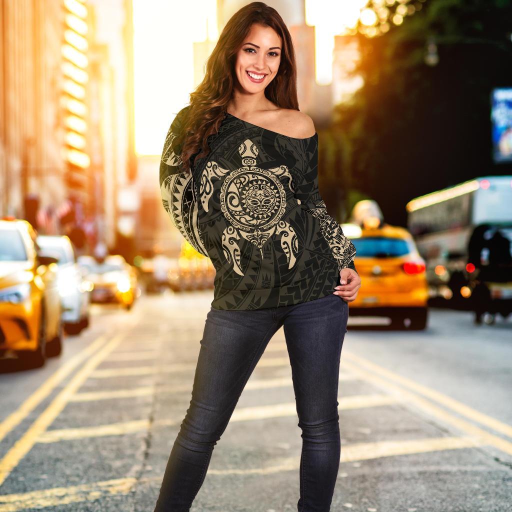 New Zealand Off Shoulder Sweater, Maori Turtle Tattoo - Gold - Vibe Hoodie Shop